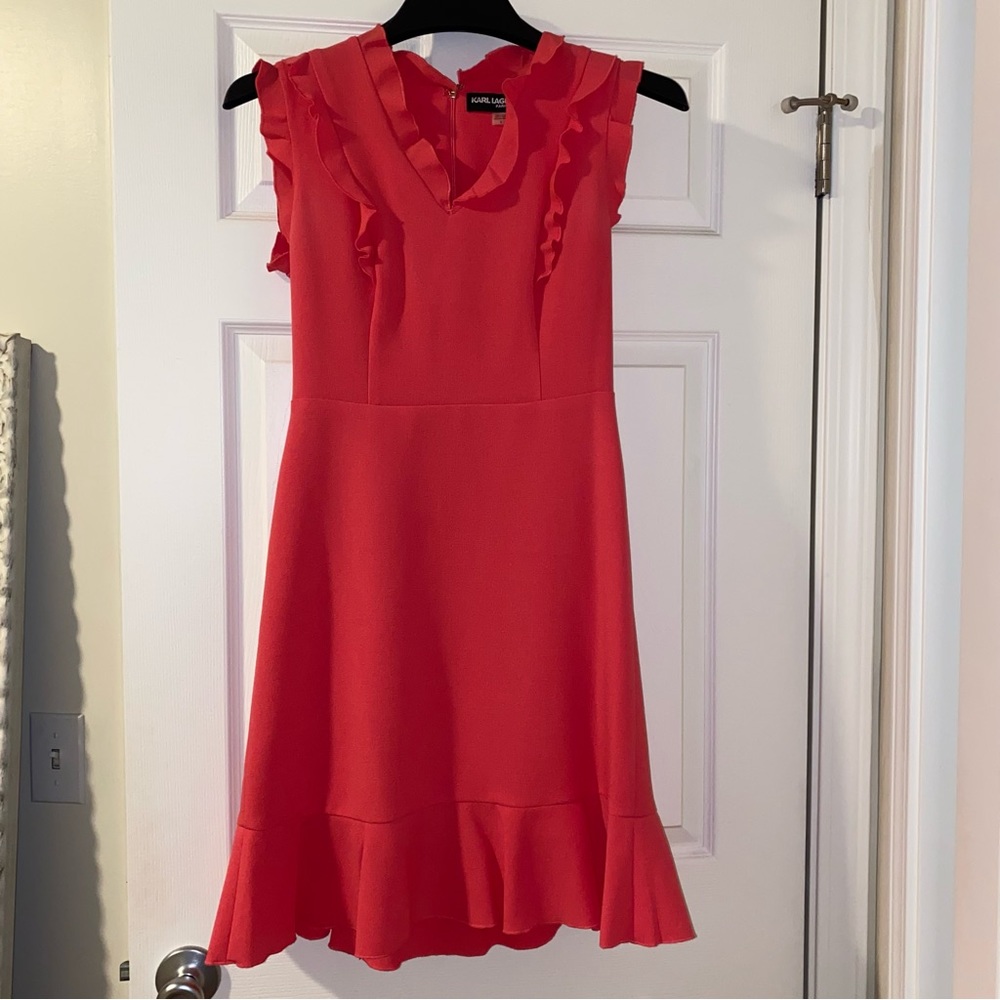 Karl Lagerfield, Coral knee length dress with ruffle details
